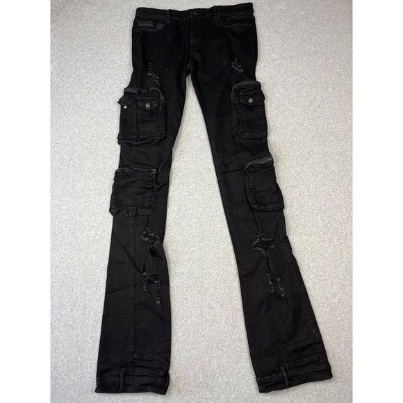 Rockstar Original Jeans Mens 38x45 Black RSM 225 Super Stacked Flared Distressed - Picture 1 of 11